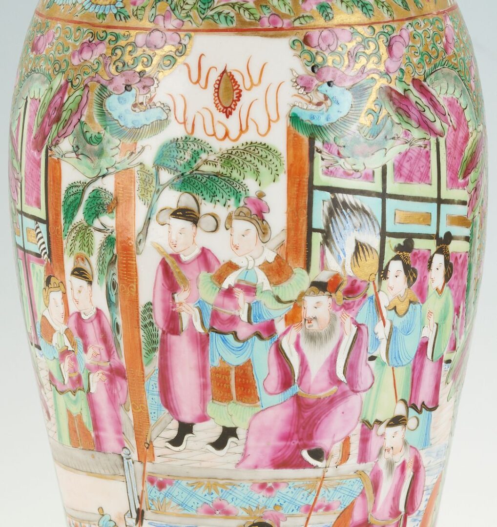 Lot 16: Near Pair of Chinese Export Rose Medallion Lidded Vases