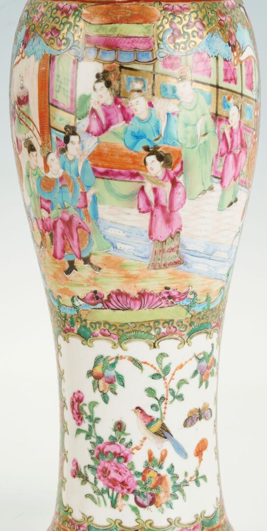 Lot 16: Near Pair of Chinese Export Rose Medallion Lidded Vases