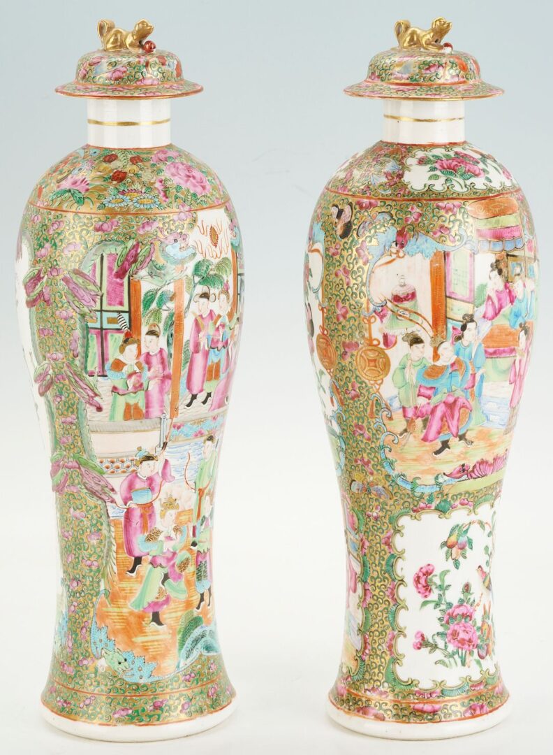 Lot 16: Near Pair of Chinese Export Rose Medallion Lidded Vases