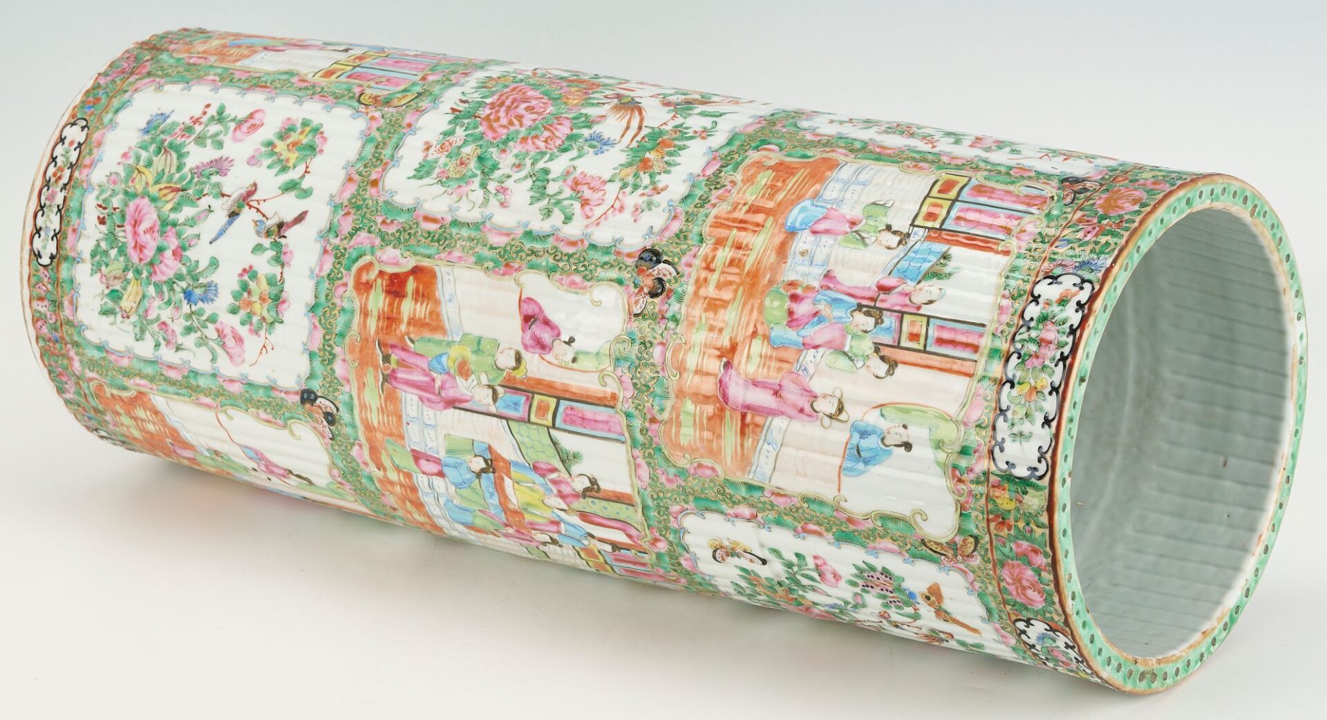 Lot 17: 19th Cent. Chinese Rose Medallion Porcelain Umbrella Stand, Fluted Exterior