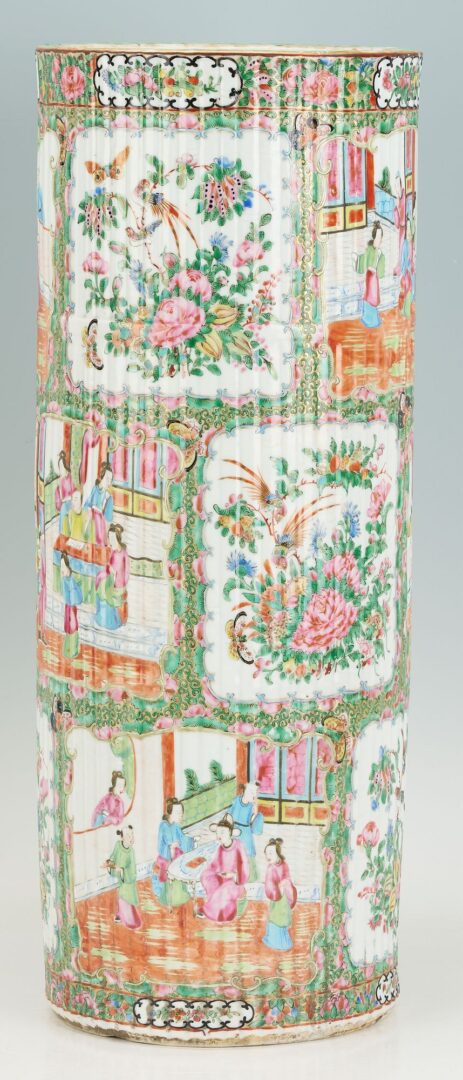 Lot 17: 19th Cent. Chinese Rose Medallion Porcelain Umbrella Stand, Fluted Exterior