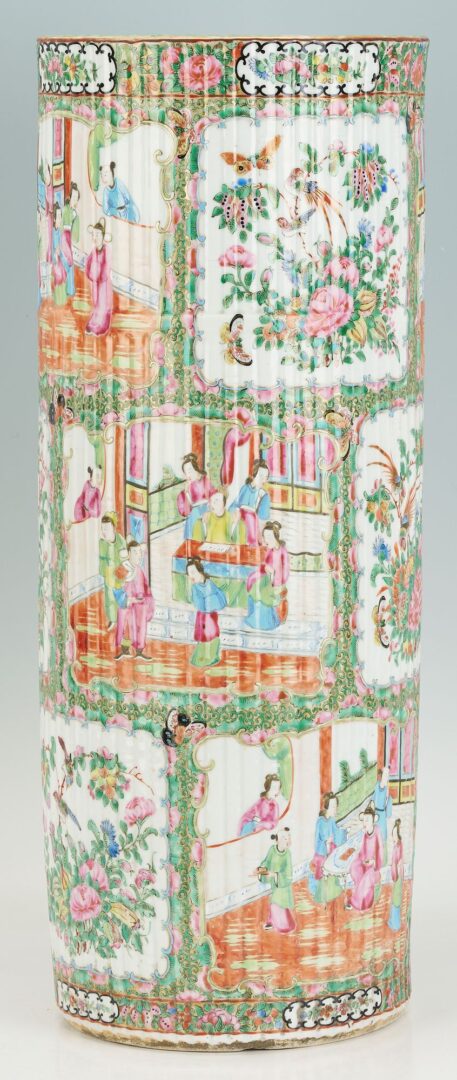 Lot 17: 19th Cent. Chinese Rose Medallion Porcelain Umbrella Stand, Fluted Exterior