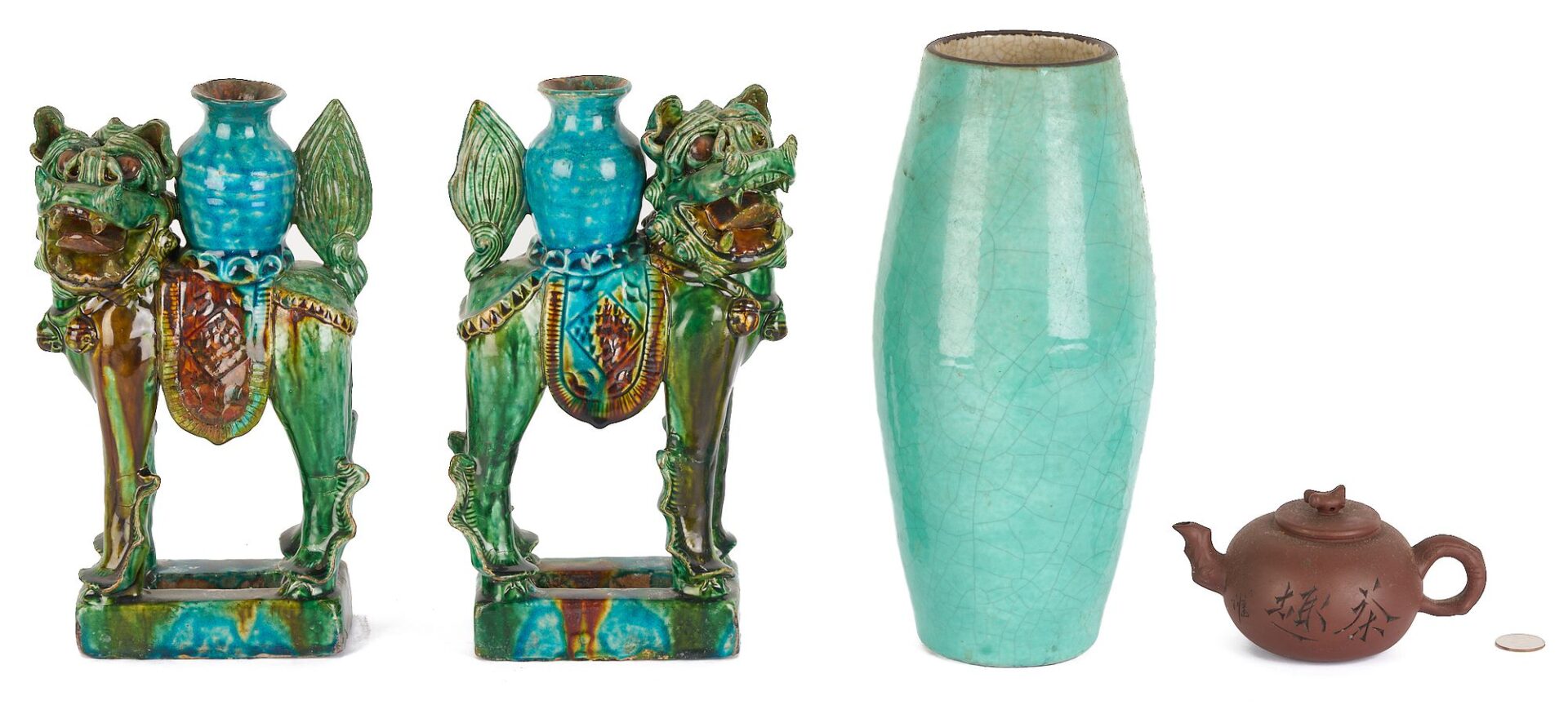 Lot 19: Pair Chinese Foo Dog Roof Tiles plus Vase and Yixing Teapot