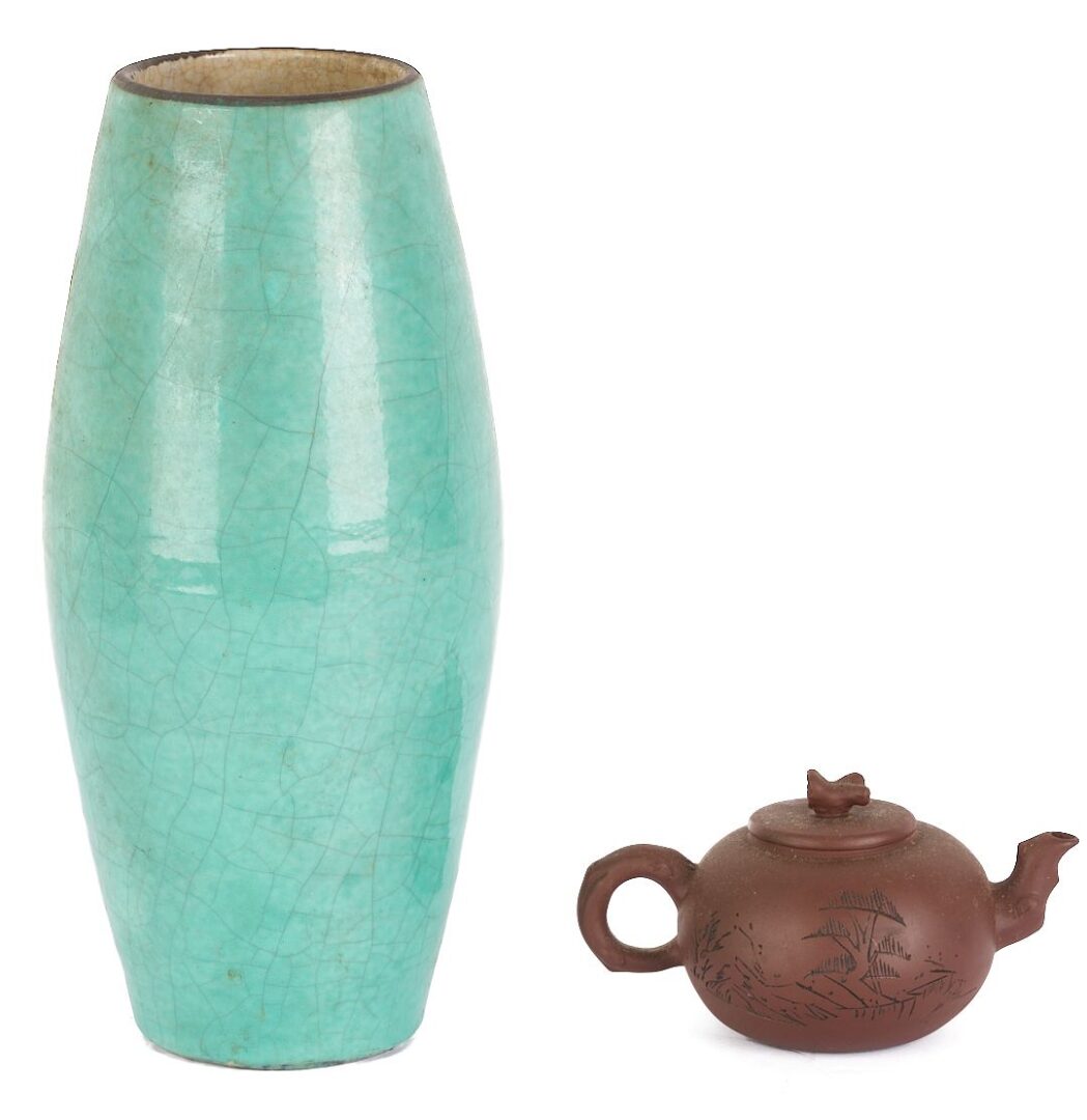Lot 19: Pair Chinese Foo Dog Roof Tiles plus Vase and Yixing Teapot
