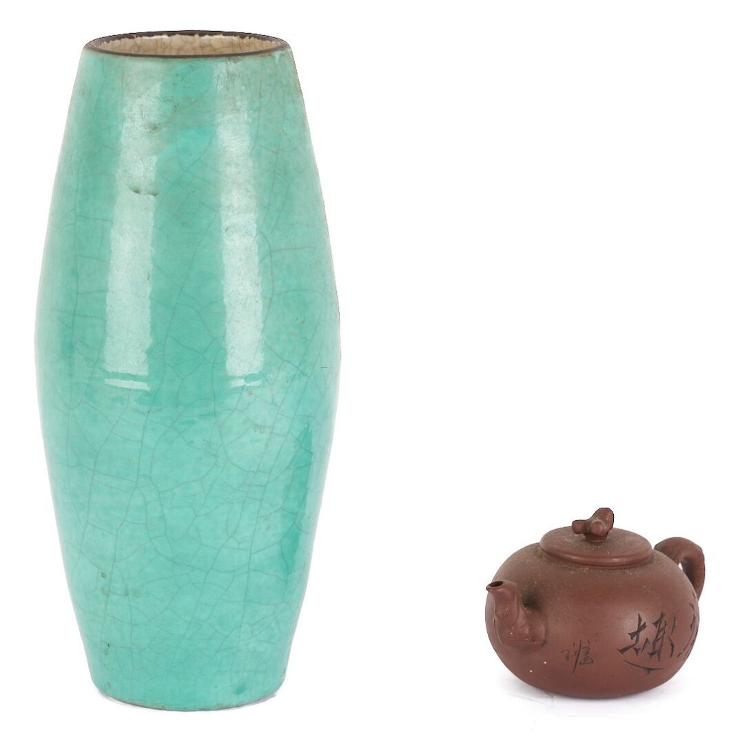 Lot 19: Pair Chinese Foo Dog Roof Tiles plus Vase and Yixing Teapot