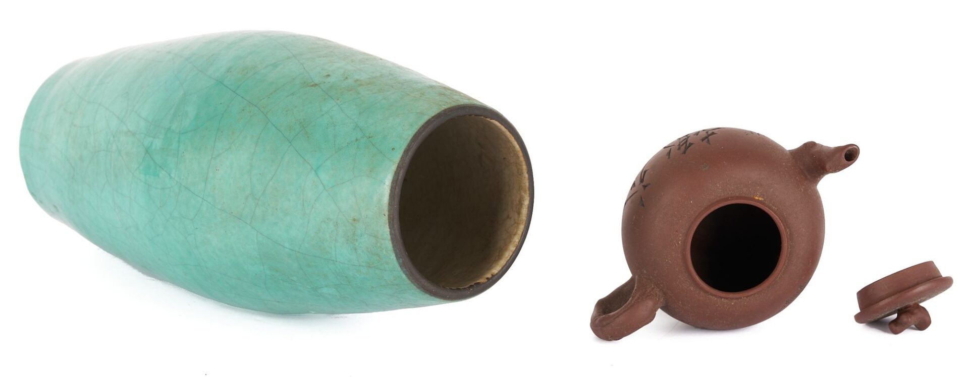 Lot 19: Pair Chinese Foo Dog Roof Tiles plus Vase and Yixing Teapot