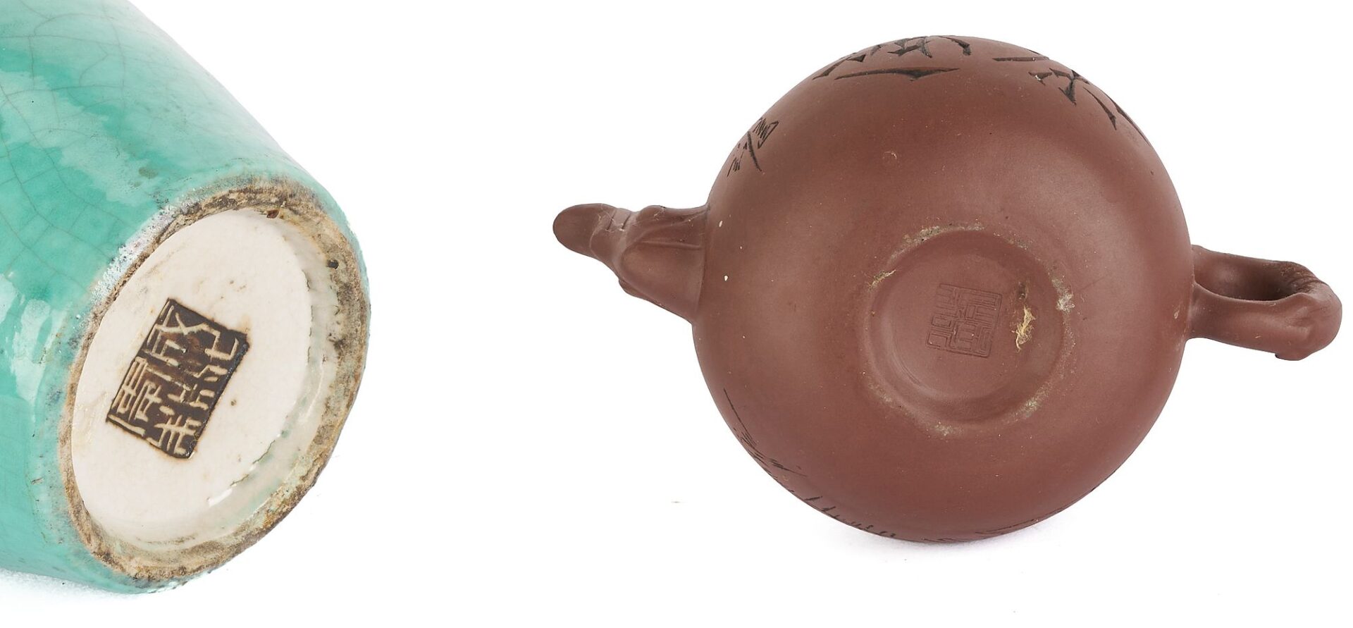 Lot 19: Pair Chinese Foo Dog Roof Tiles plus Vase and Yixing Teapot