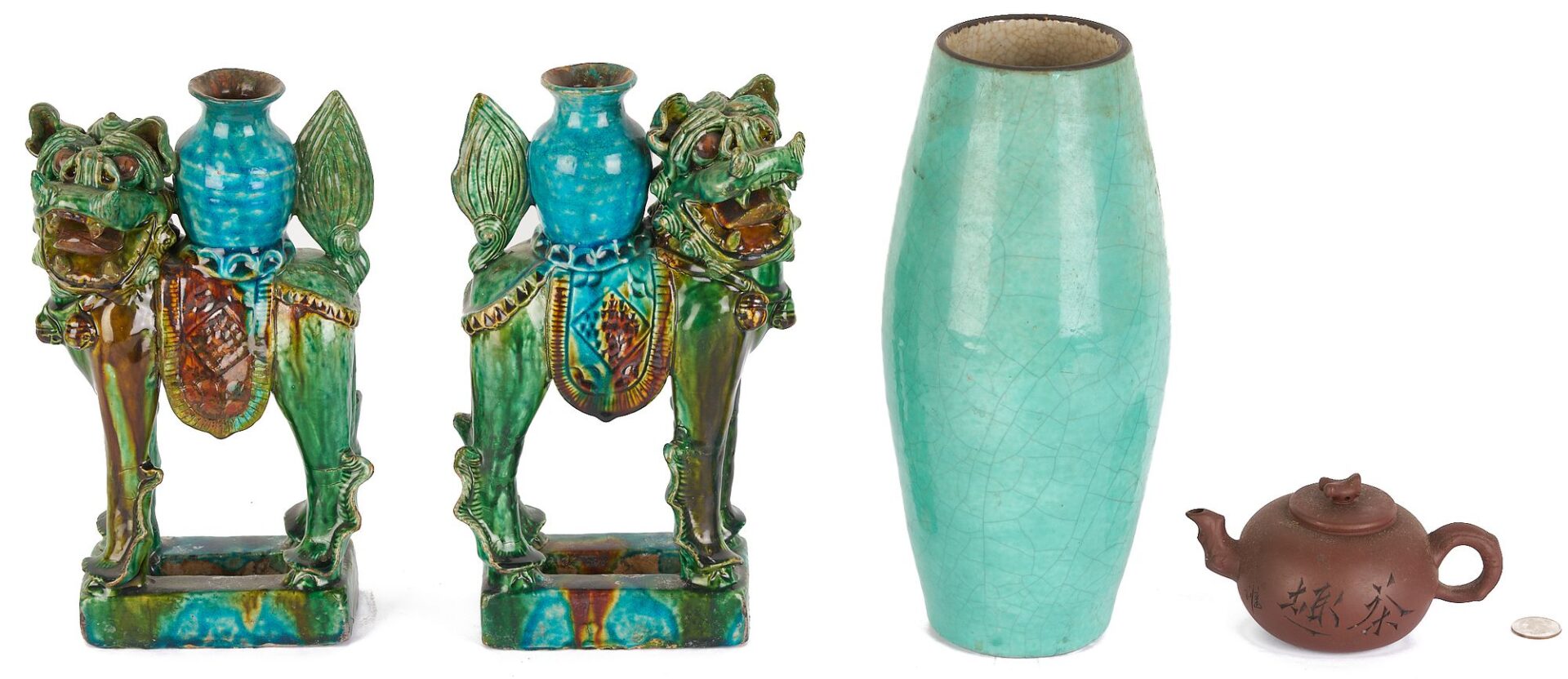 Lot 19: Pair Chinese Foo Dog Roof Tiles plus Vase and Yixing Teapot