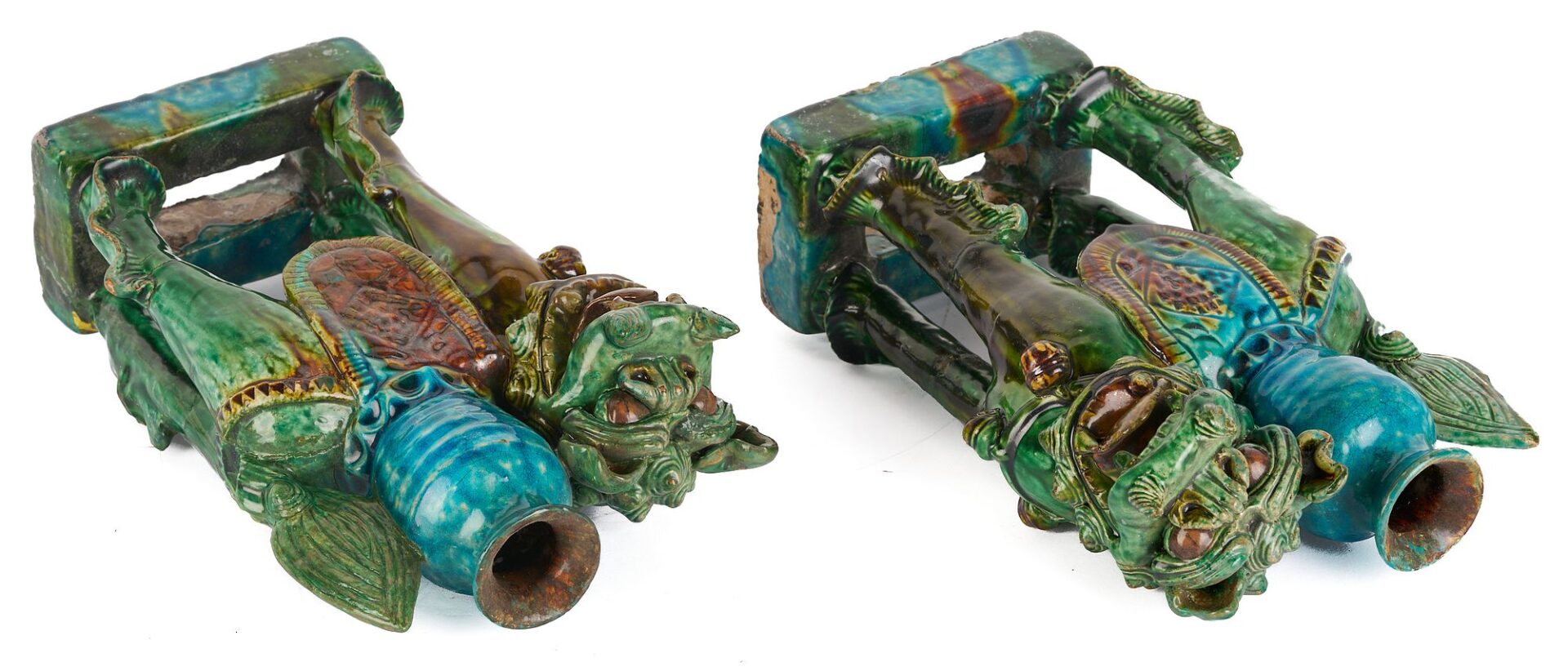 Lot 19: Pair Chinese Foo Dog Roof Tiles plus Vase and Yixing Teapot