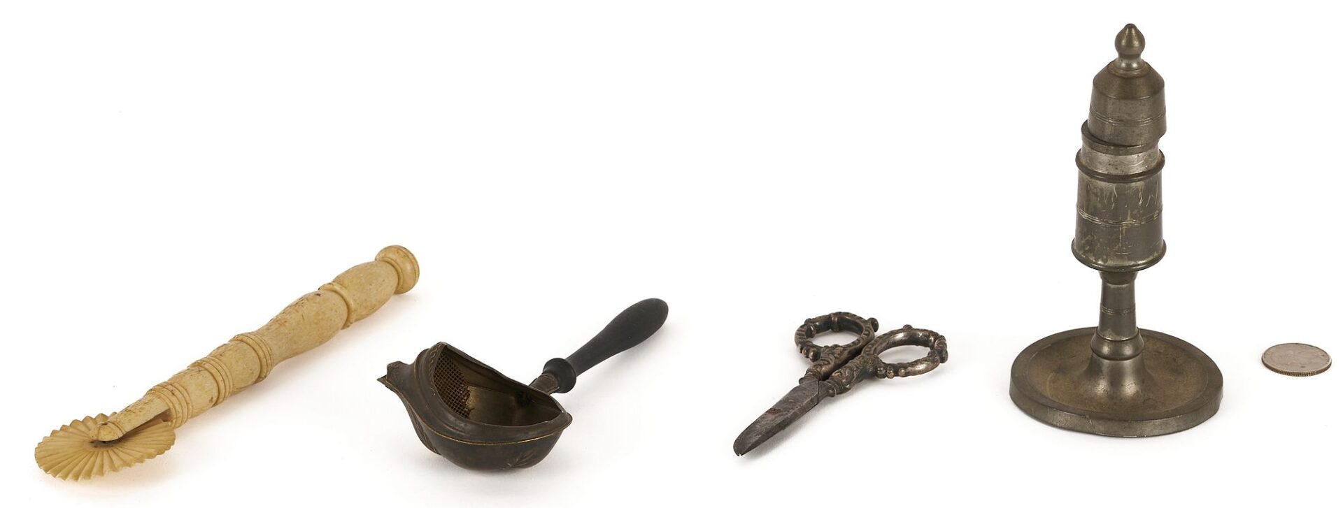 Lot 205: 4 Whaling Related Items, incl. Oil Lamp & Bone Pie Crimper