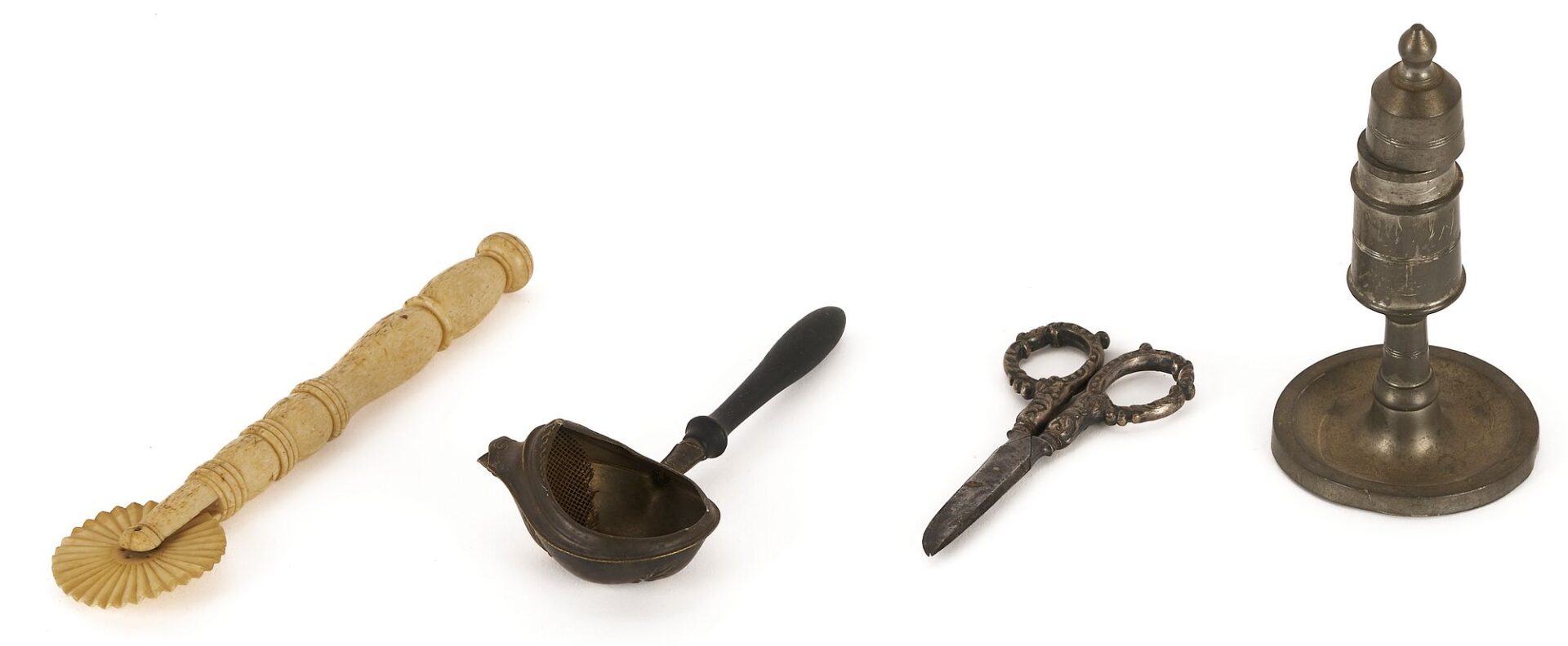 Lot 205: 4 Whaling Related Items, incl. Oil Lamp & Bone Pie Crimper