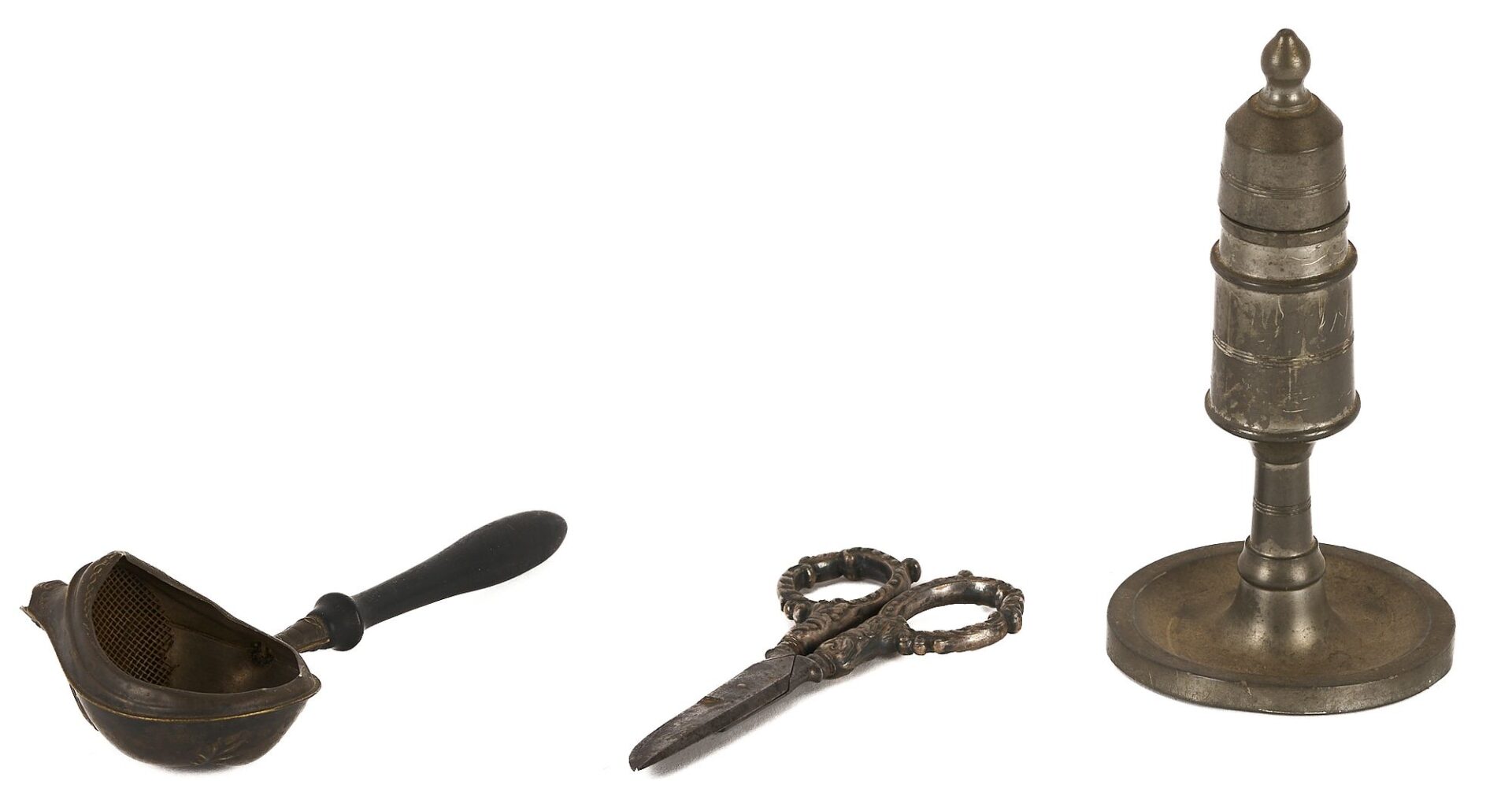Lot 205: 4 Whaling Related Items, incl. Oil Lamp & Bone Pie Crimper