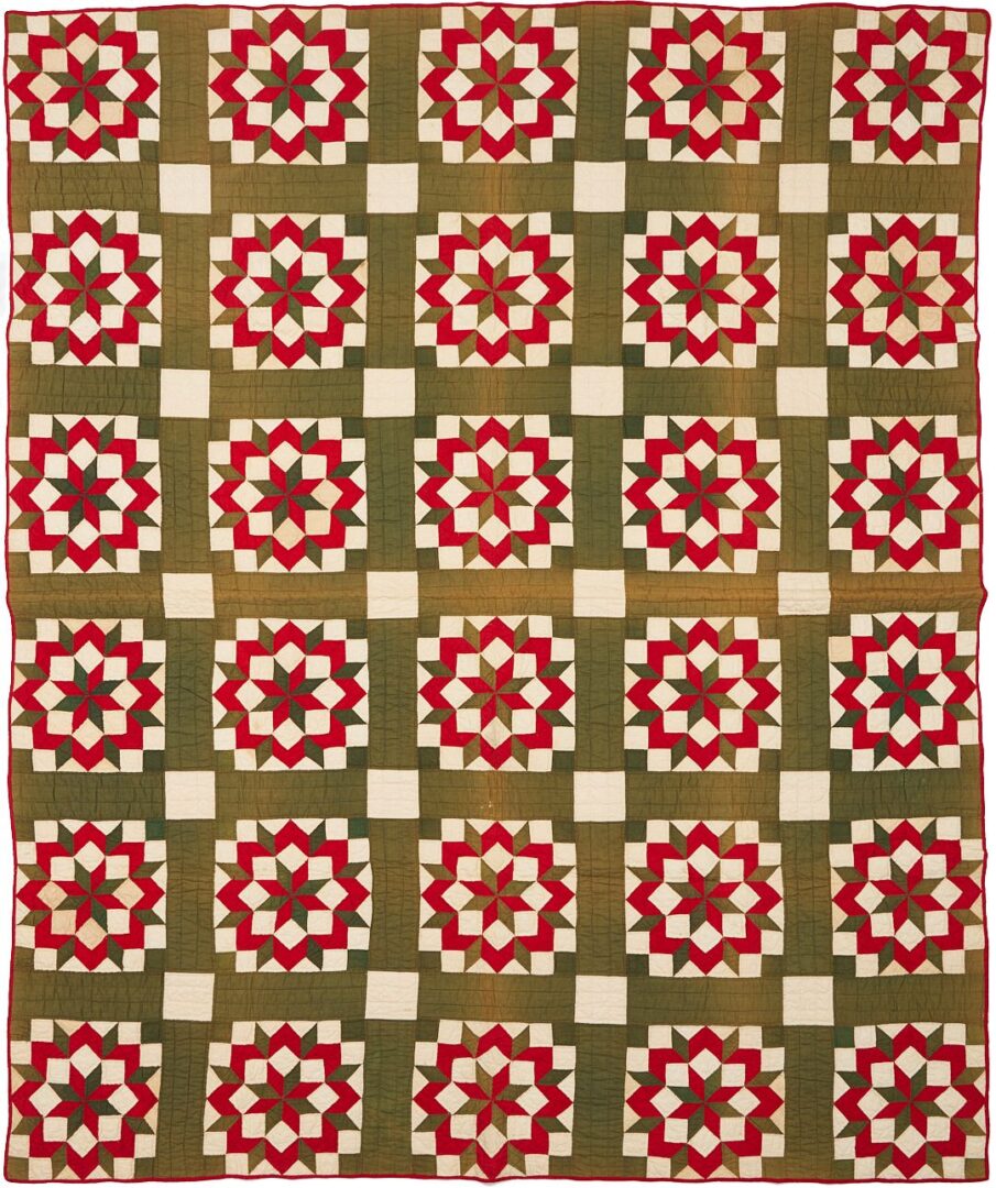 Lot 221: Middle TN Red and Green Carpenter’s Wheel Pattern Quilt
