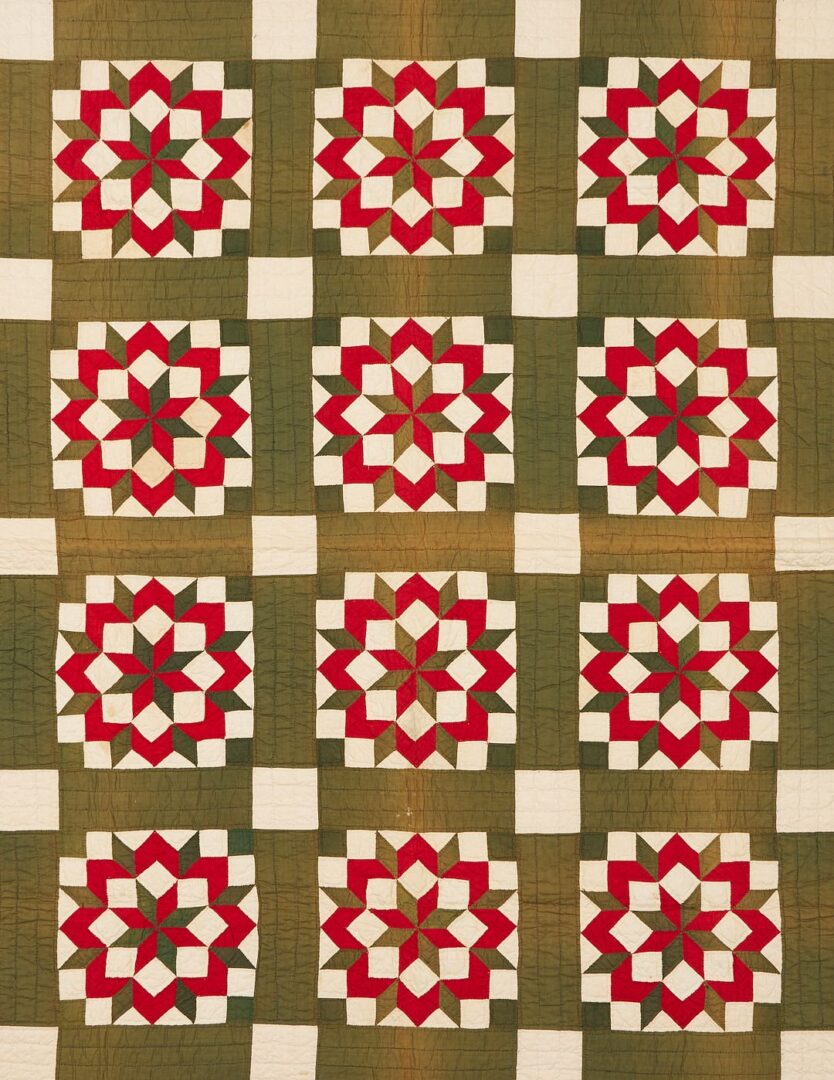 Lot 221: Middle TN Red and Green Carpenter’s Wheel Pattern Quilt