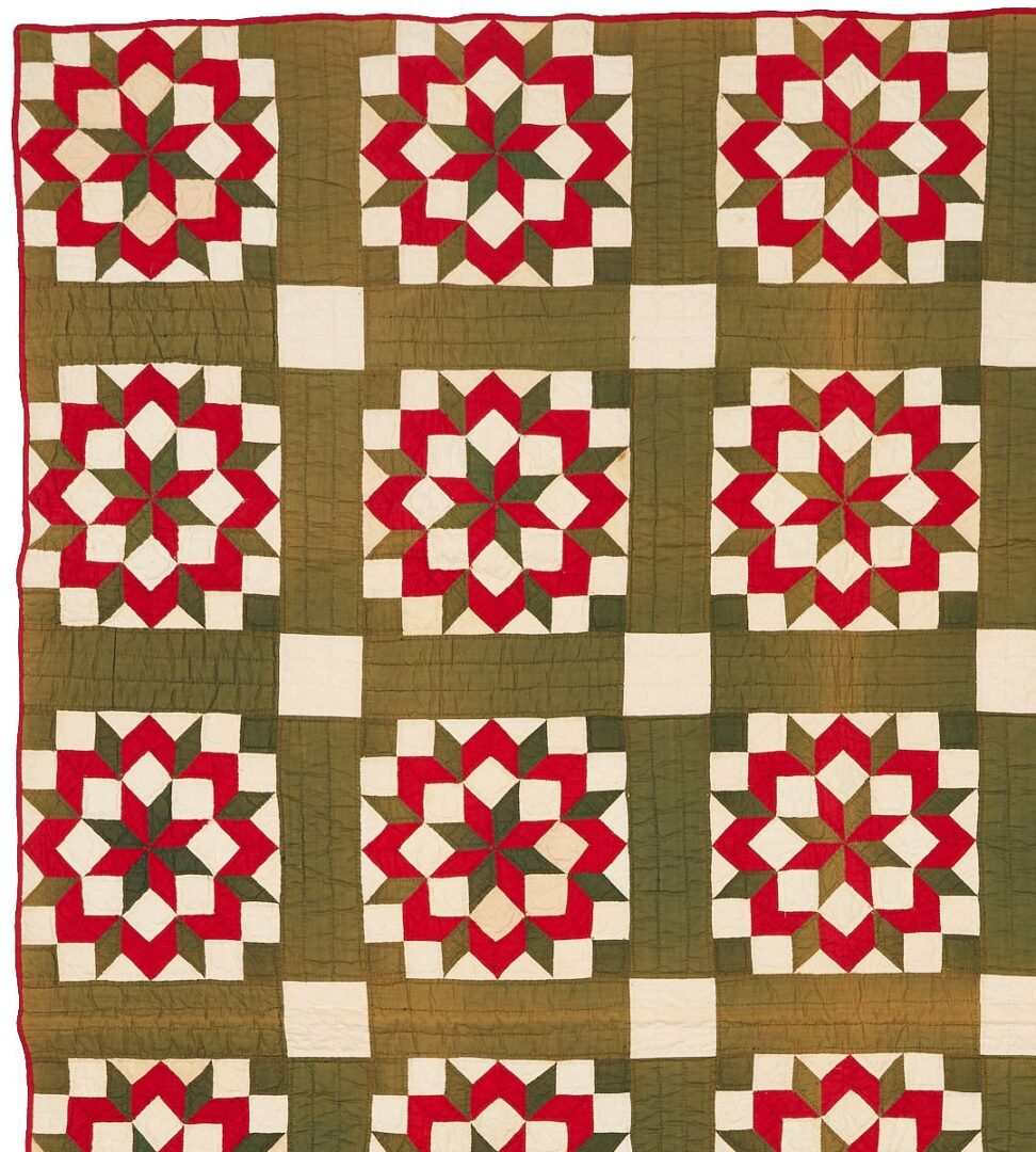 Lot 221: Middle TN Red and Green Carpenter’s Wheel Pattern Quilt