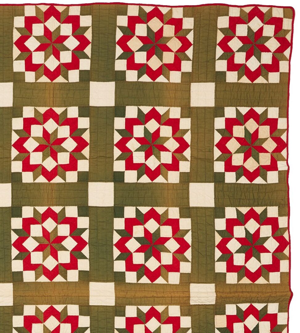 Lot 221: Middle TN Red and Green Carpenter’s Wheel Pattern Quilt
