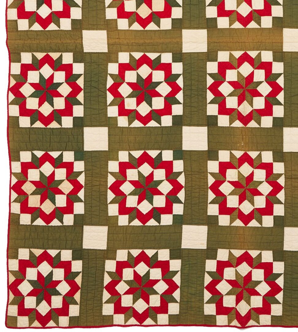 Lot 221: Middle TN Red and Green Carpenter’s Wheel Pattern Quilt