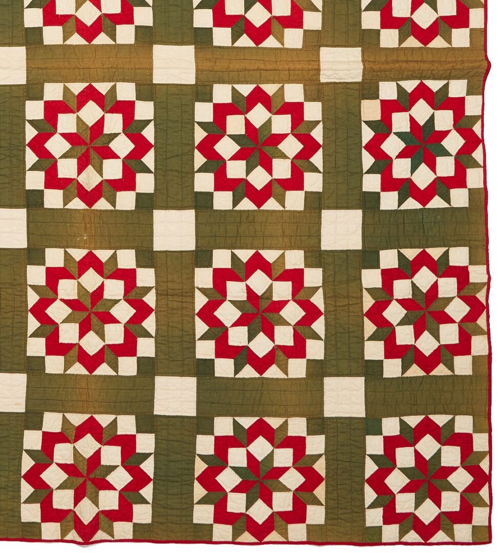 Lot 221: Middle TN Red and Green Carpenter’s Wheel Pattern Quilt