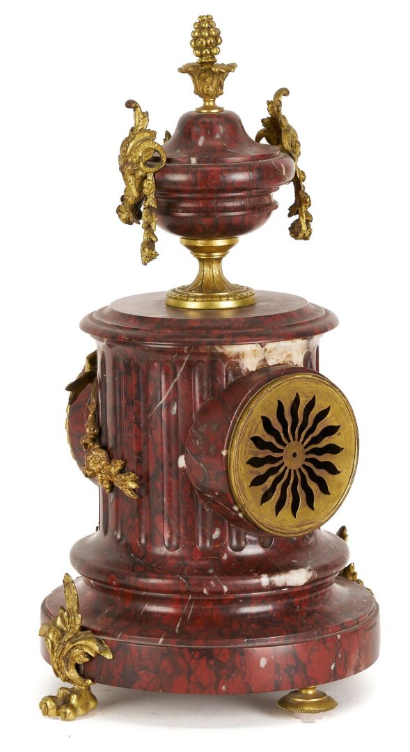 Lot 266: French Rouge Marble and Ormolu Mantel Clock & Garniture Set