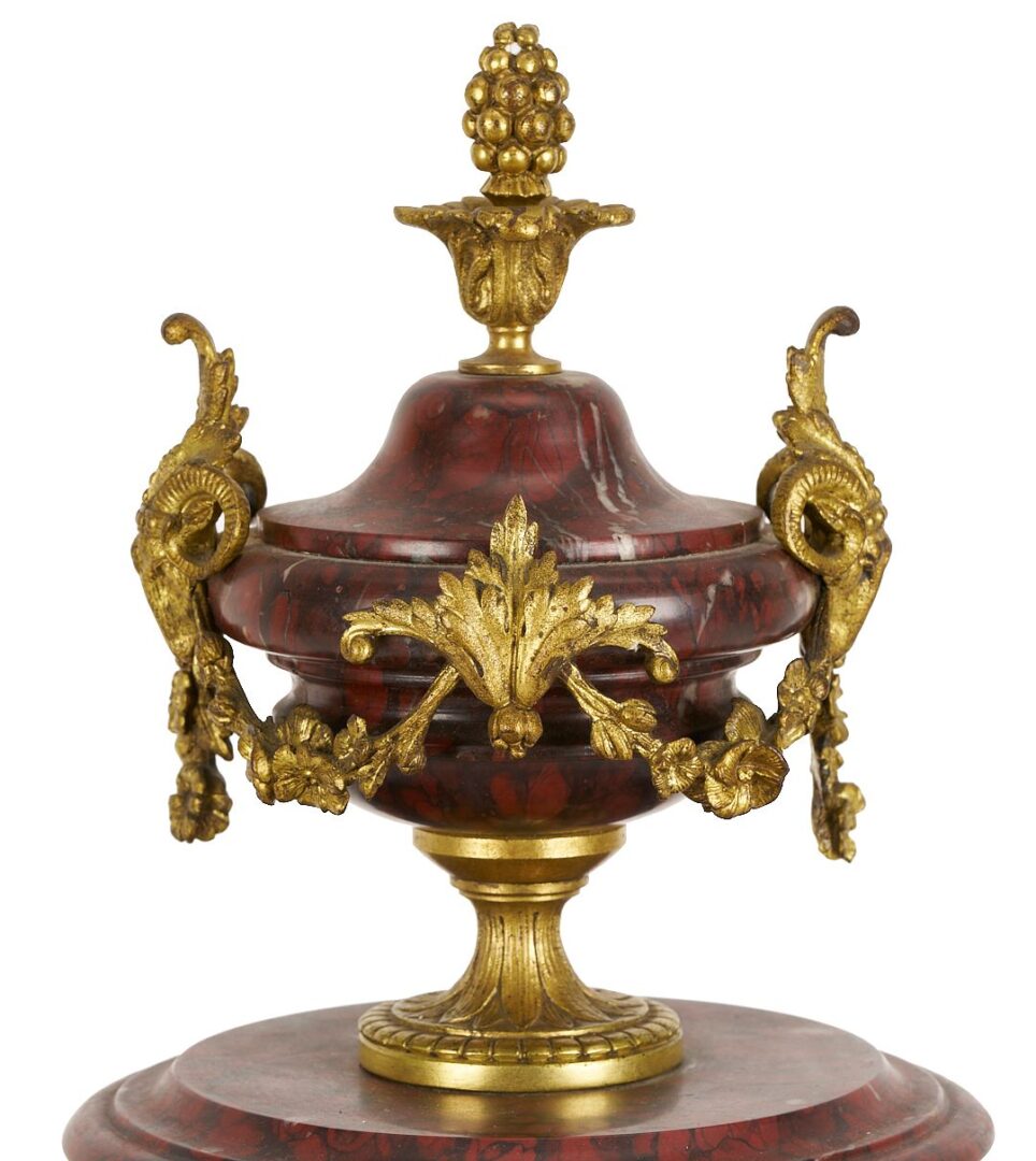 Lot 266: French Rouge Marble and Ormolu Mantel Clock & Garniture Set