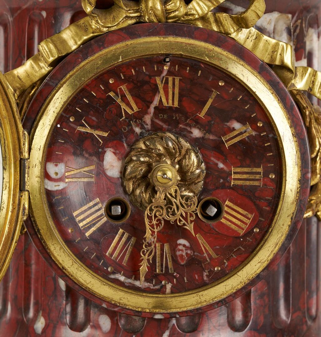Lot 266: French Rouge Marble and Ormolu Mantel Clock & Garniture Set