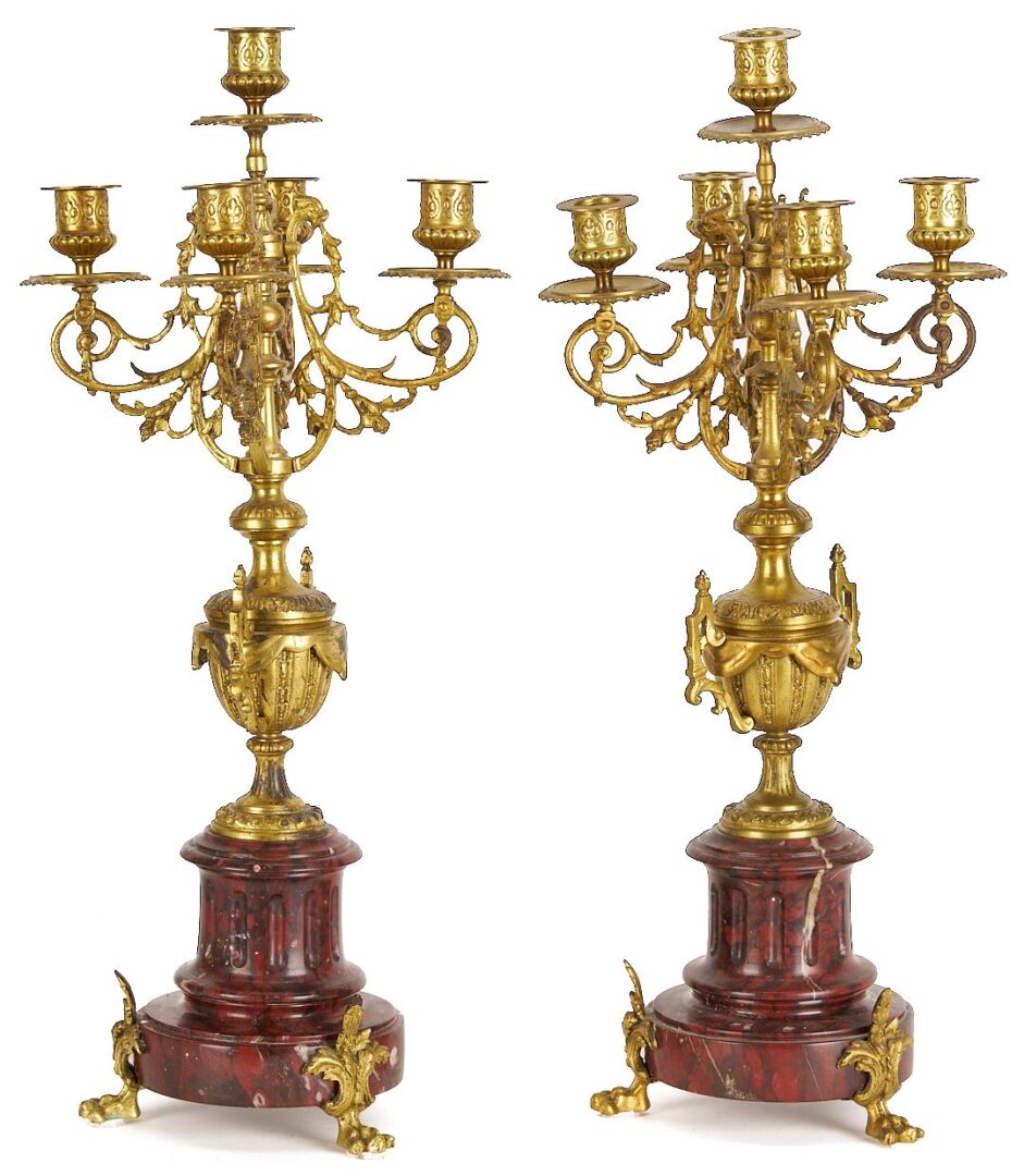 Lot 266: French Rouge Marble and Ormolu Mantel Clock & Garniture Set