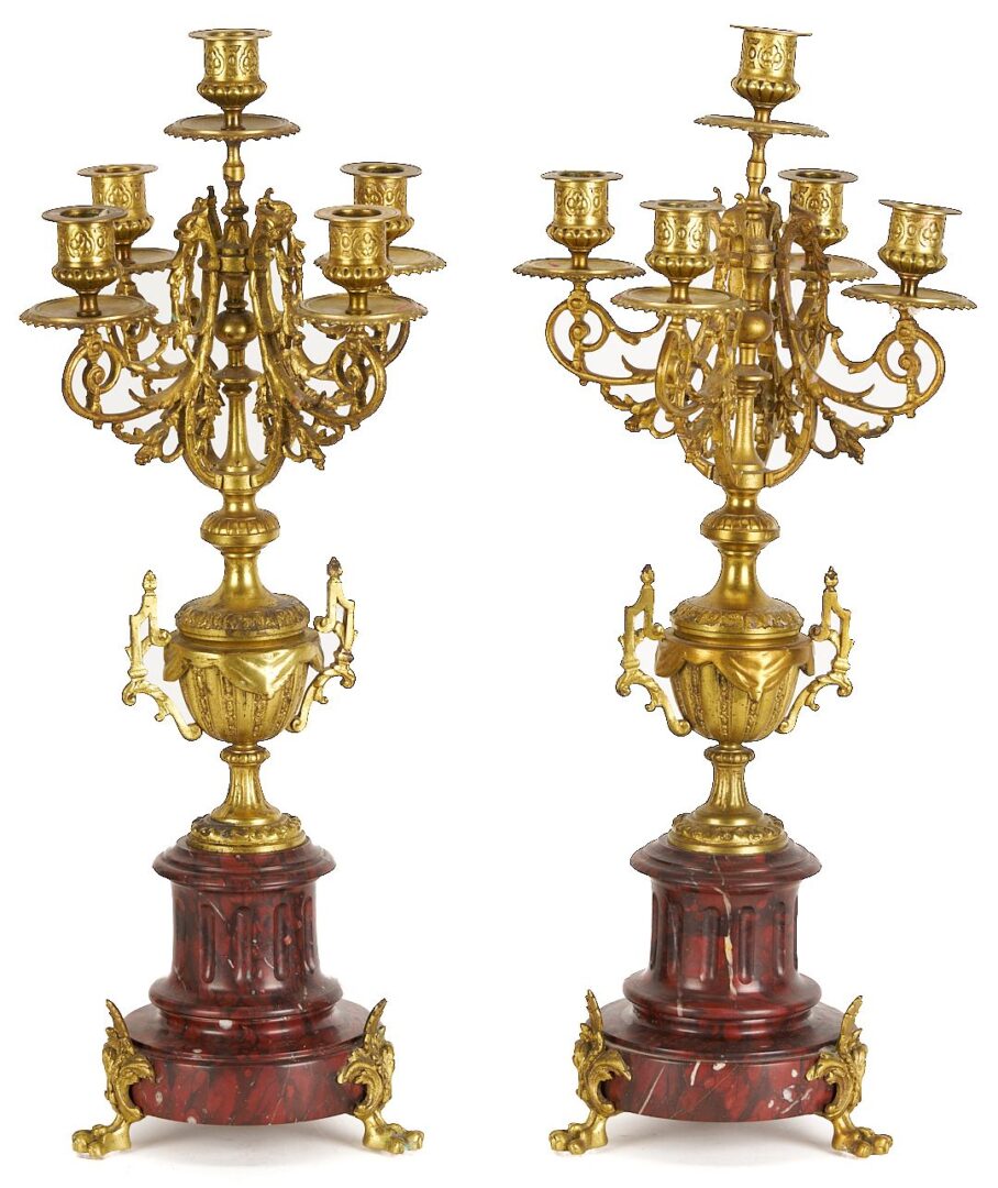 Lot 266: French Rouge Marble and Ormolu Mantel Clock & Garniture Set