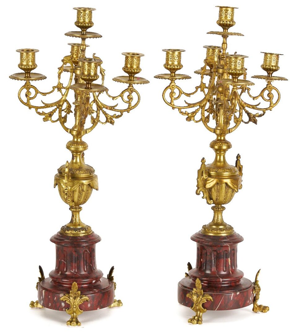 Lot 266: French Rouge Marble and Ormolu Mantel Clock & Garniture Set