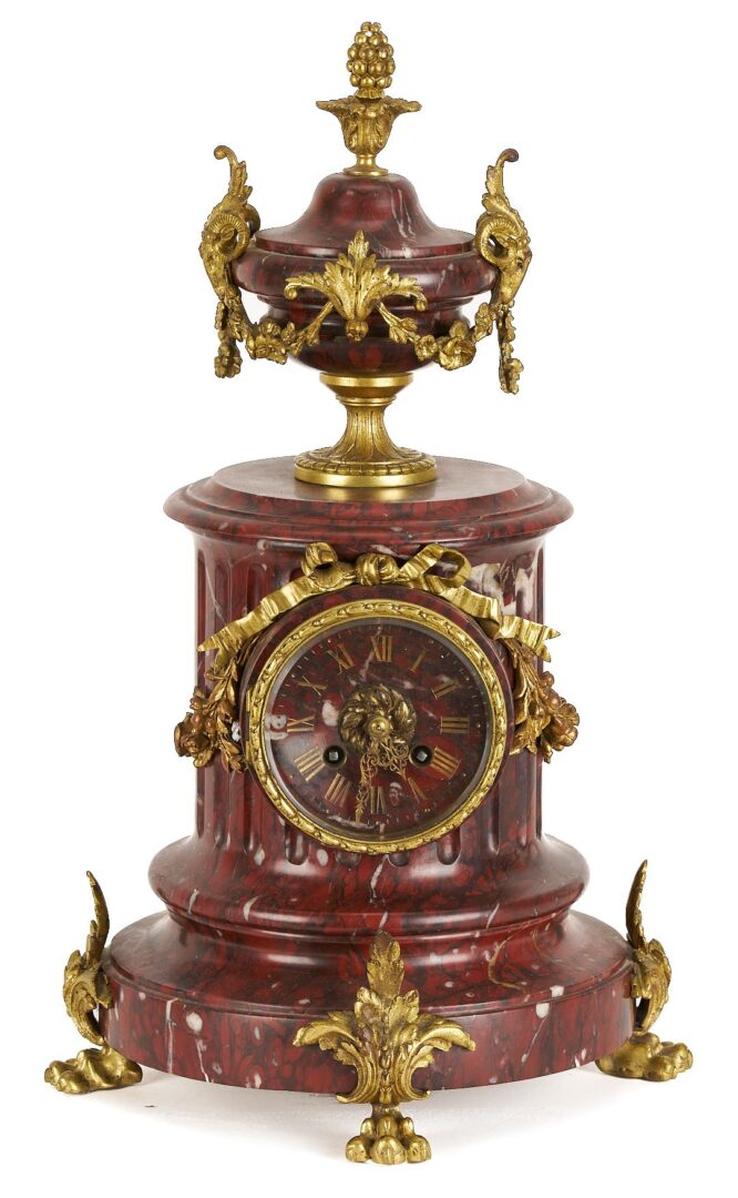 Lot 266: French Rouge Marble and Ormolu Mantel Clock & Garniture Set