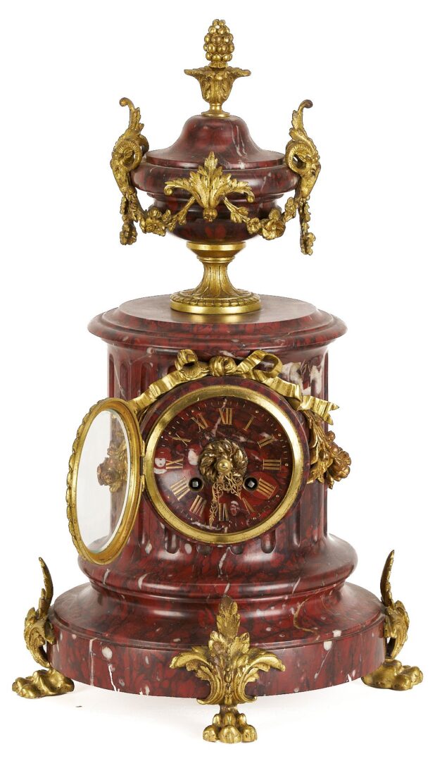 Lot 266: French Rouge Marble and Ormolu Mantel Clock & Garniture Set