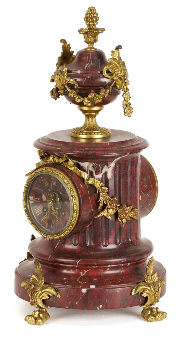 Lot 266: French Rouge Marble and Ormolu Mantel Clock & Garniture Set