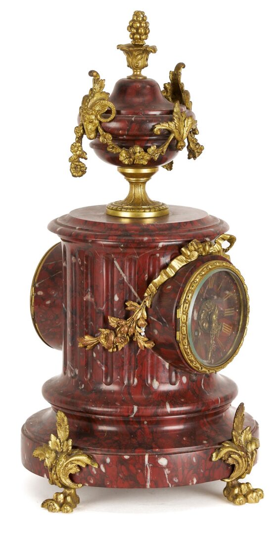 Lot 266: French Rouge Marble and Ormolu Mantel Clock & Garniture Set