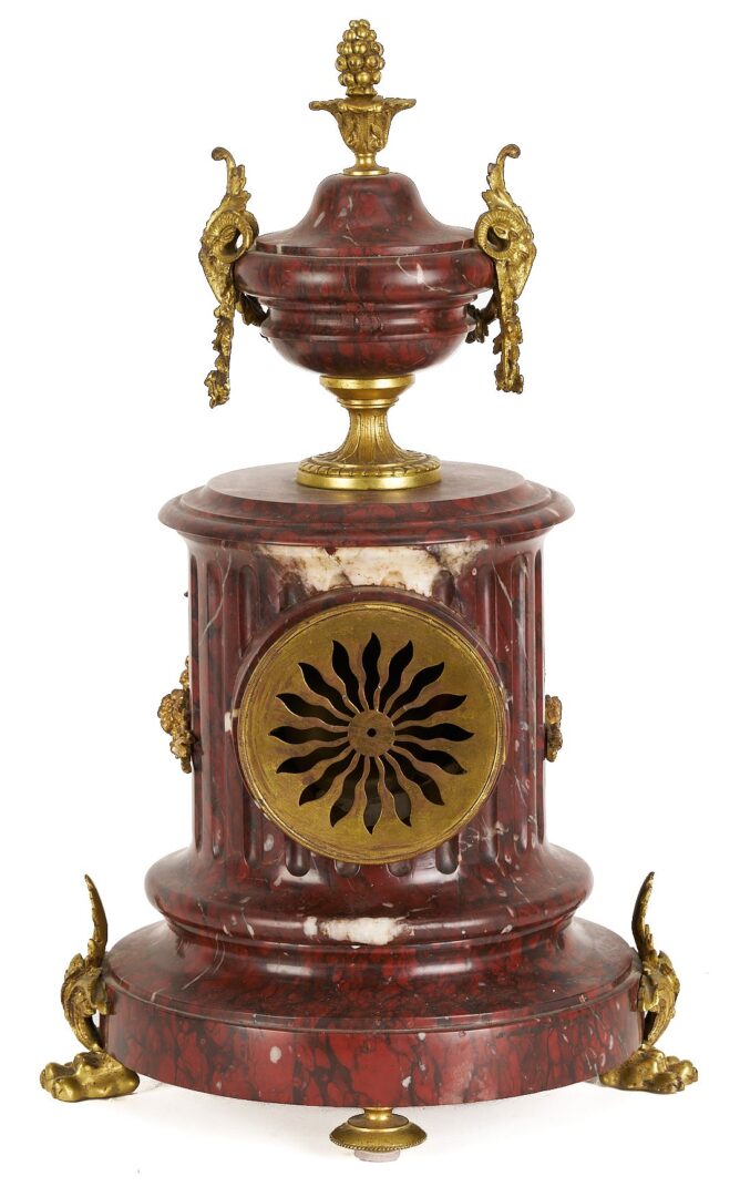 Lot 266: French Rouge Marble and Ormolu Mantel Clock & Garniture Set