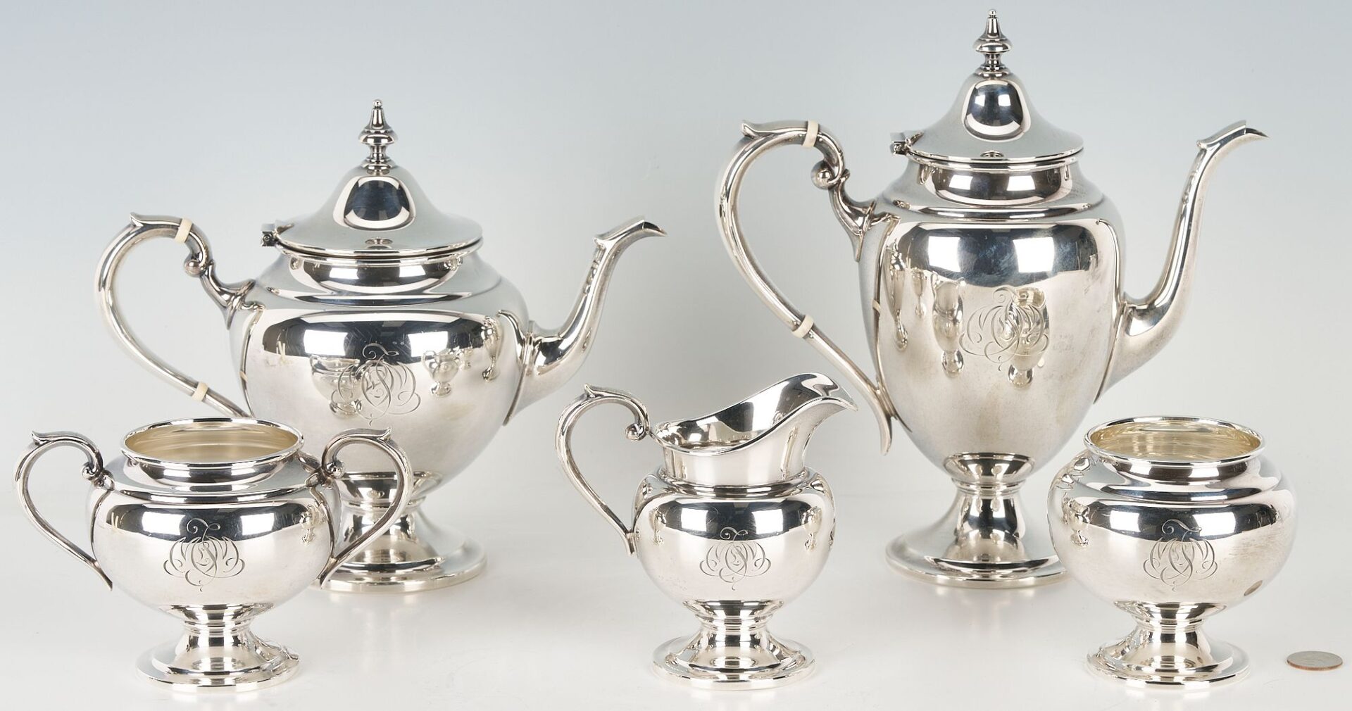 Lot 270: Gorham Sterling  5-Piece Coffee and Tea Service, Puritan Pattern