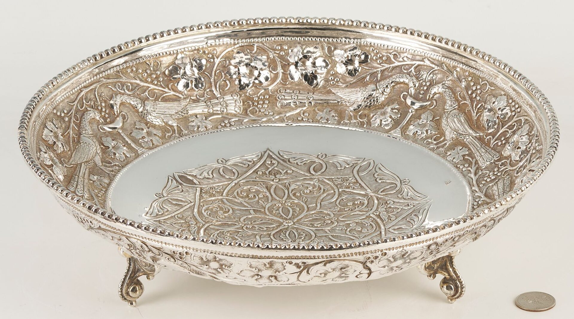 Lot 285: Sterling Silver Footed Bowl, Peacock Decoration
