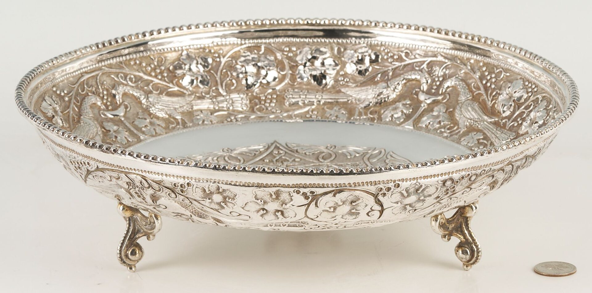 Lot 285: Sterling Silver Footed Bowl, Peacock Decoration