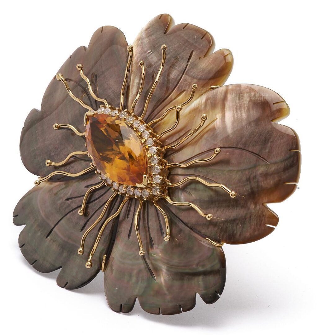 Lot 291: 18K Gold, Imperial Topaz, Diamond, & Mother-of-Pearl Floral Brooch