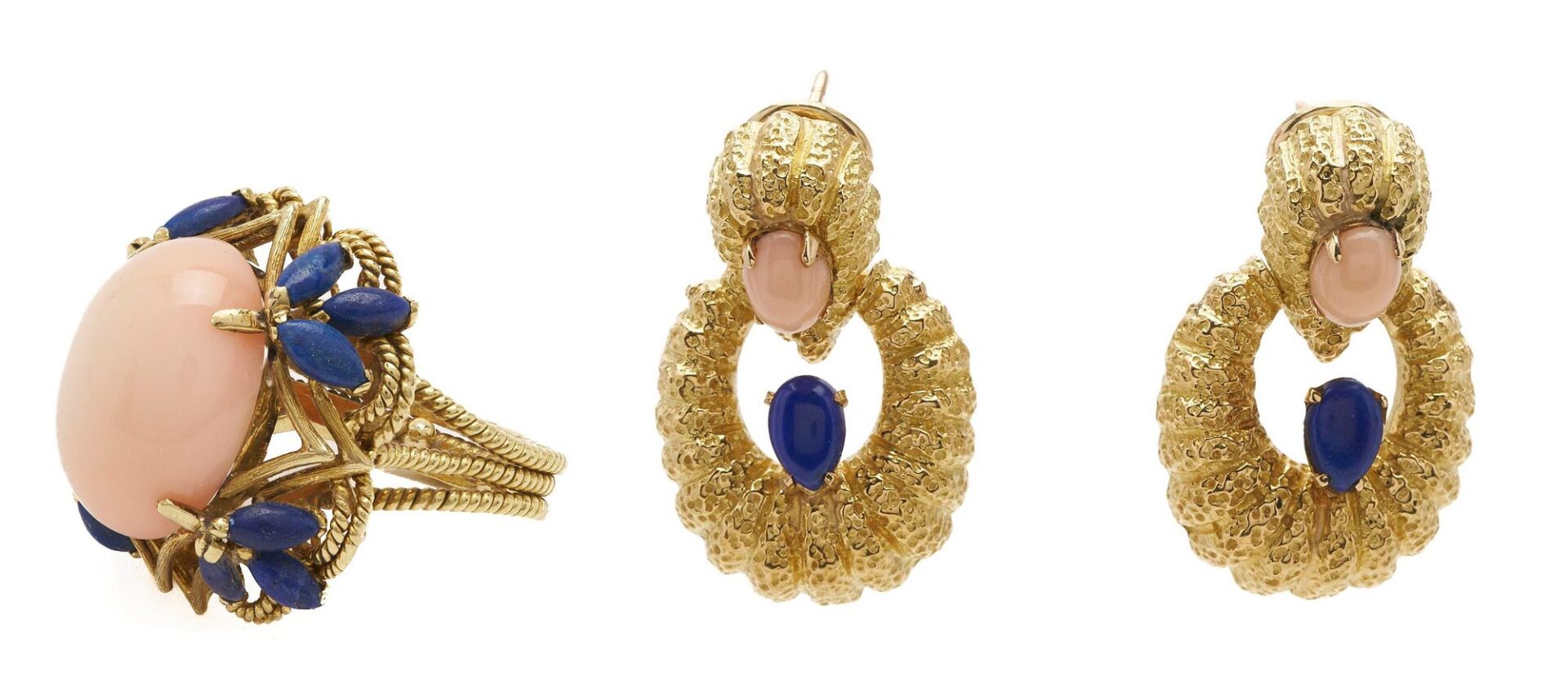 Lot 298: 18K Rose Quartz & Lapis Lazuli Ring & Earrings