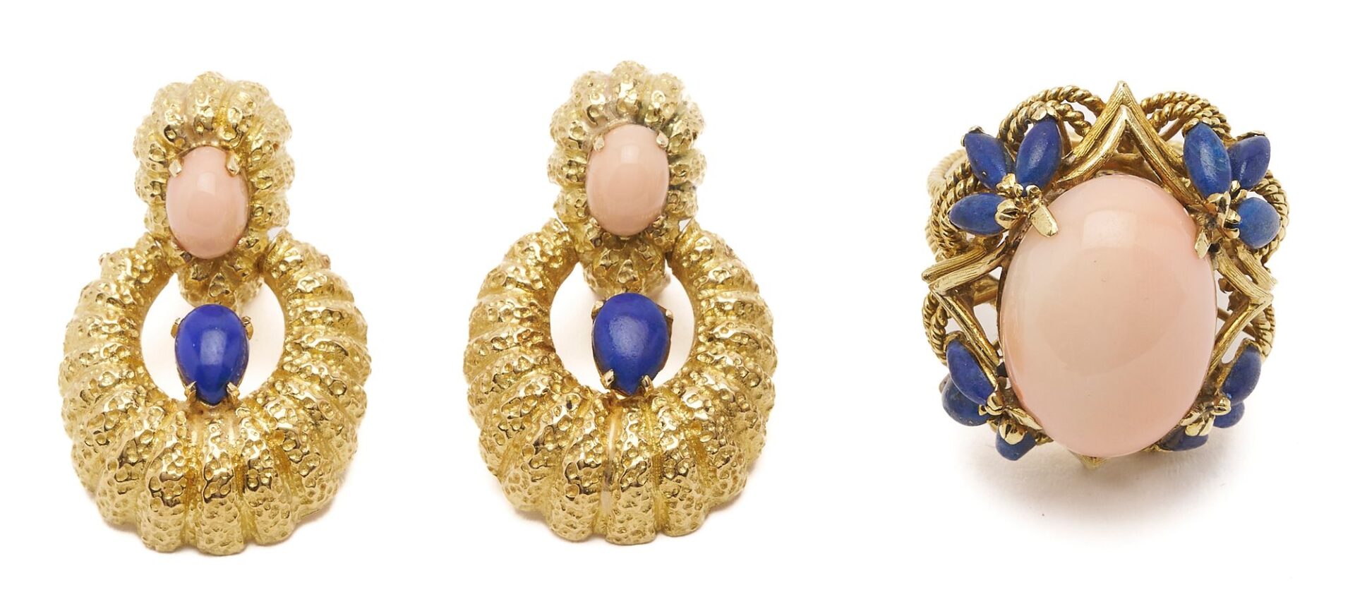 Lot 298: 18K Rose Quartz & Lapis Lazuli Ring & Earrings