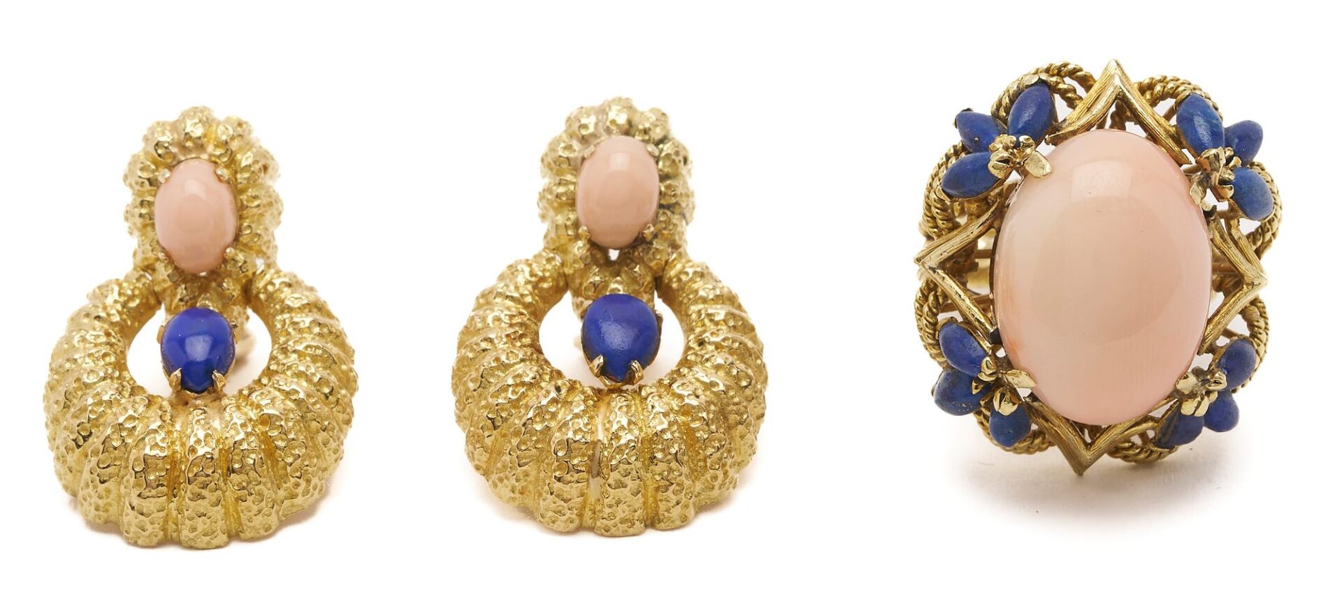 Lot 298: 18K Rose Quartz & Lapis Lazuli Ring & Earrings