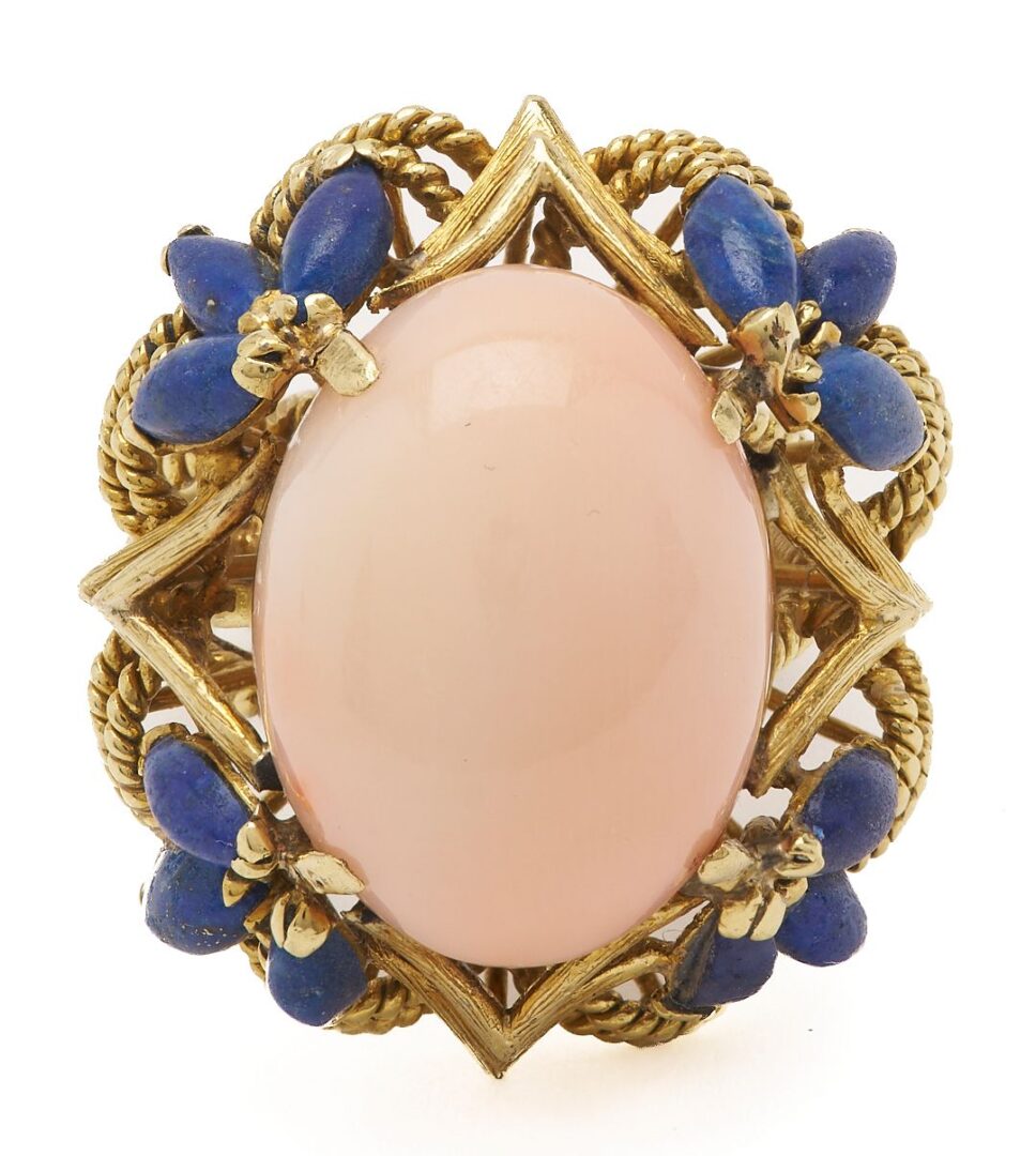 Lot 298: 18K Rose Quartz & Lapis Lazuli Ring & Earrings