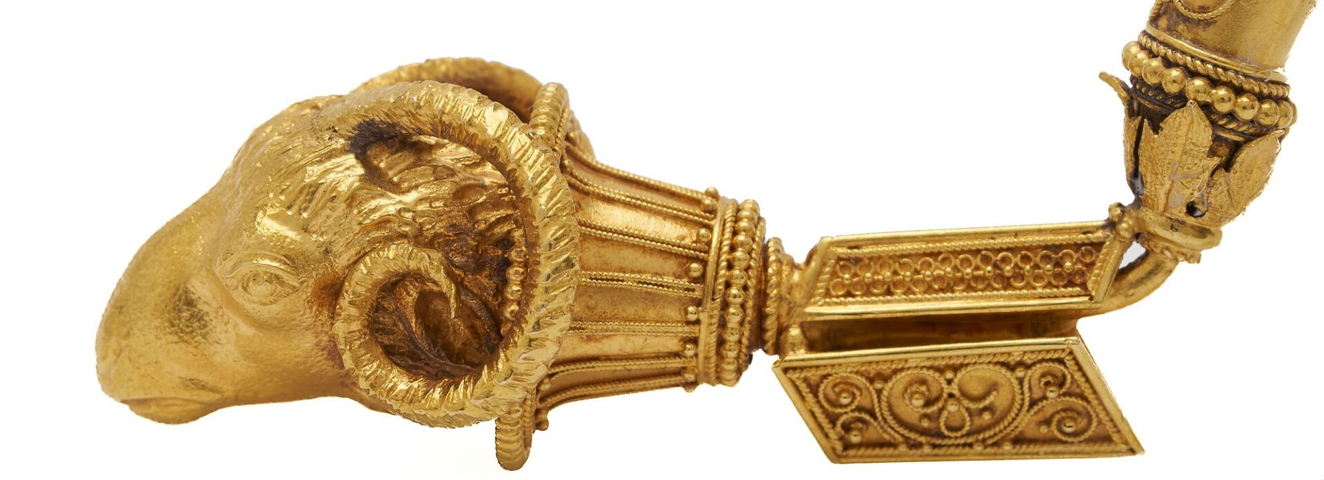 Lot 313: 21K Gold Etruscan Revival Fibula Ram’s Head Brooch circa 1880