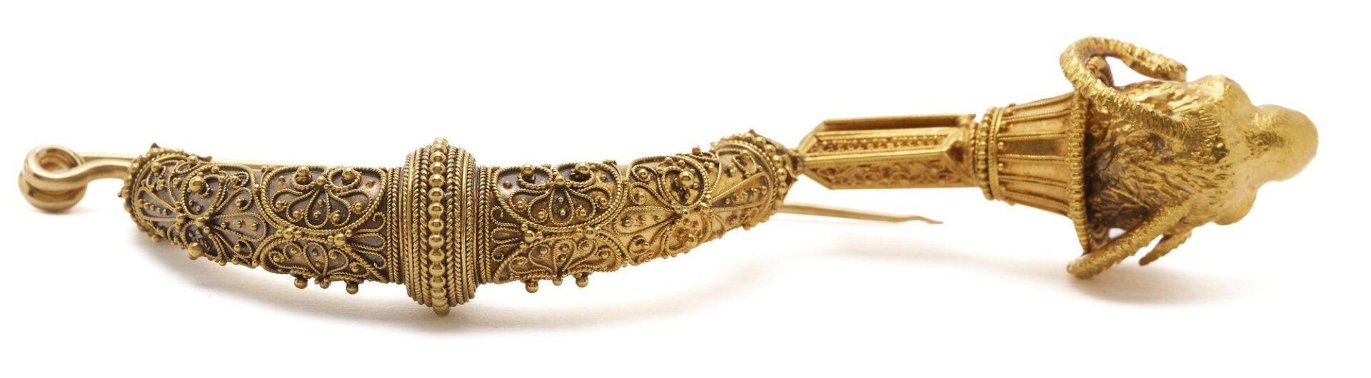Lot 313: 21K Gold Etruscan Revival Fibula Ram’s Head Brooch circa 1880