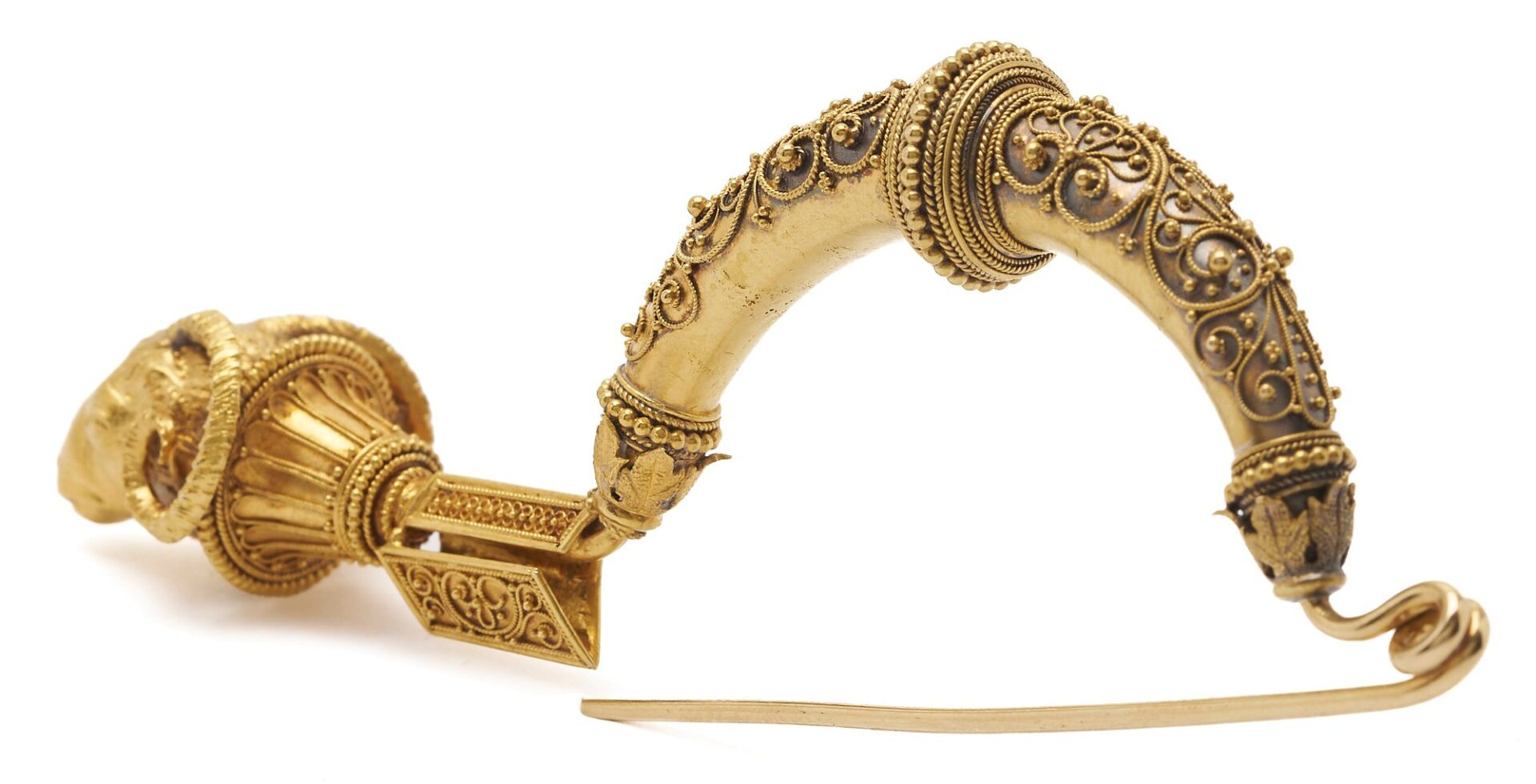 Lot 313: 21K Gold Etruscan Revival Fibula Ram’s Head Brooch circa 1880