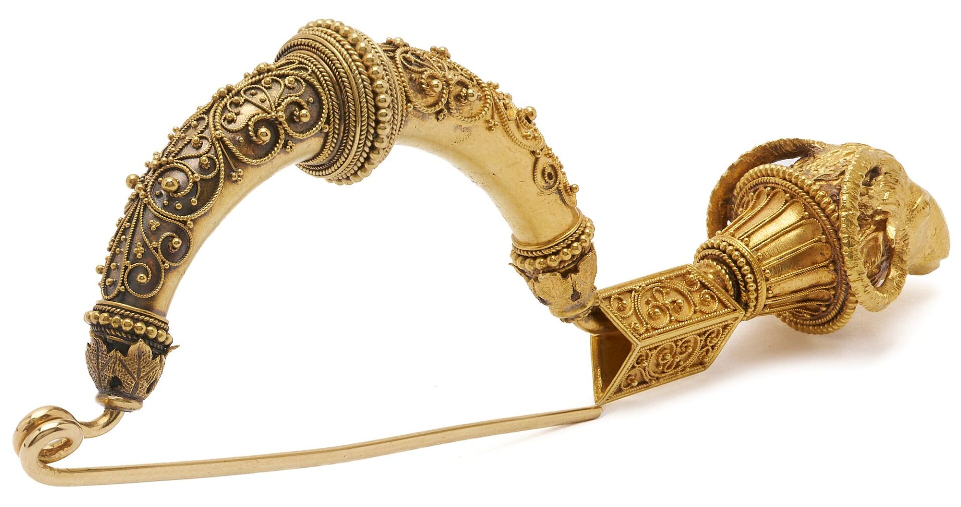 Lot 313: 21K Gold Etruscan Revival Fibula Ram’s Head Brooch circa 1880