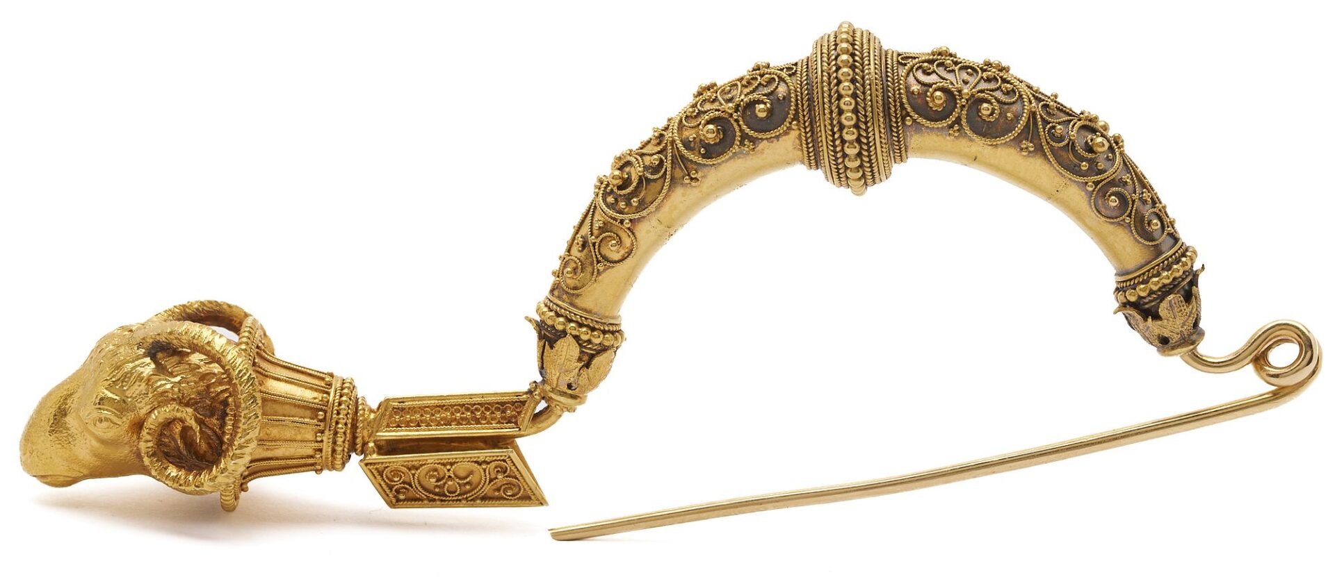 Lot 313: 21K Gold Etruscan Revival Fibula Ram’s Head Brooch circa 1880