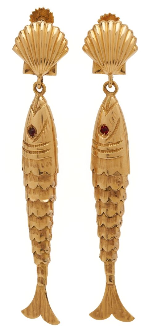 Lot 319: Pair 18K Gold & Ruby Fish Earrings