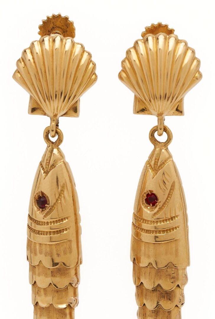 Lot 319: Pair 18K Gold & Ruby Fish Earrings