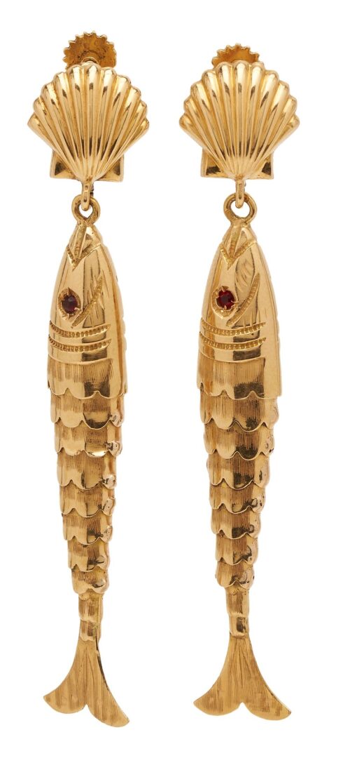 Lot 319: Pair 18K Gold & Ruby Fish Earrings