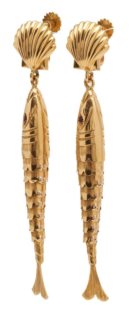 Lot 319: Pair 18K Gold & Ruby Fish Earrings